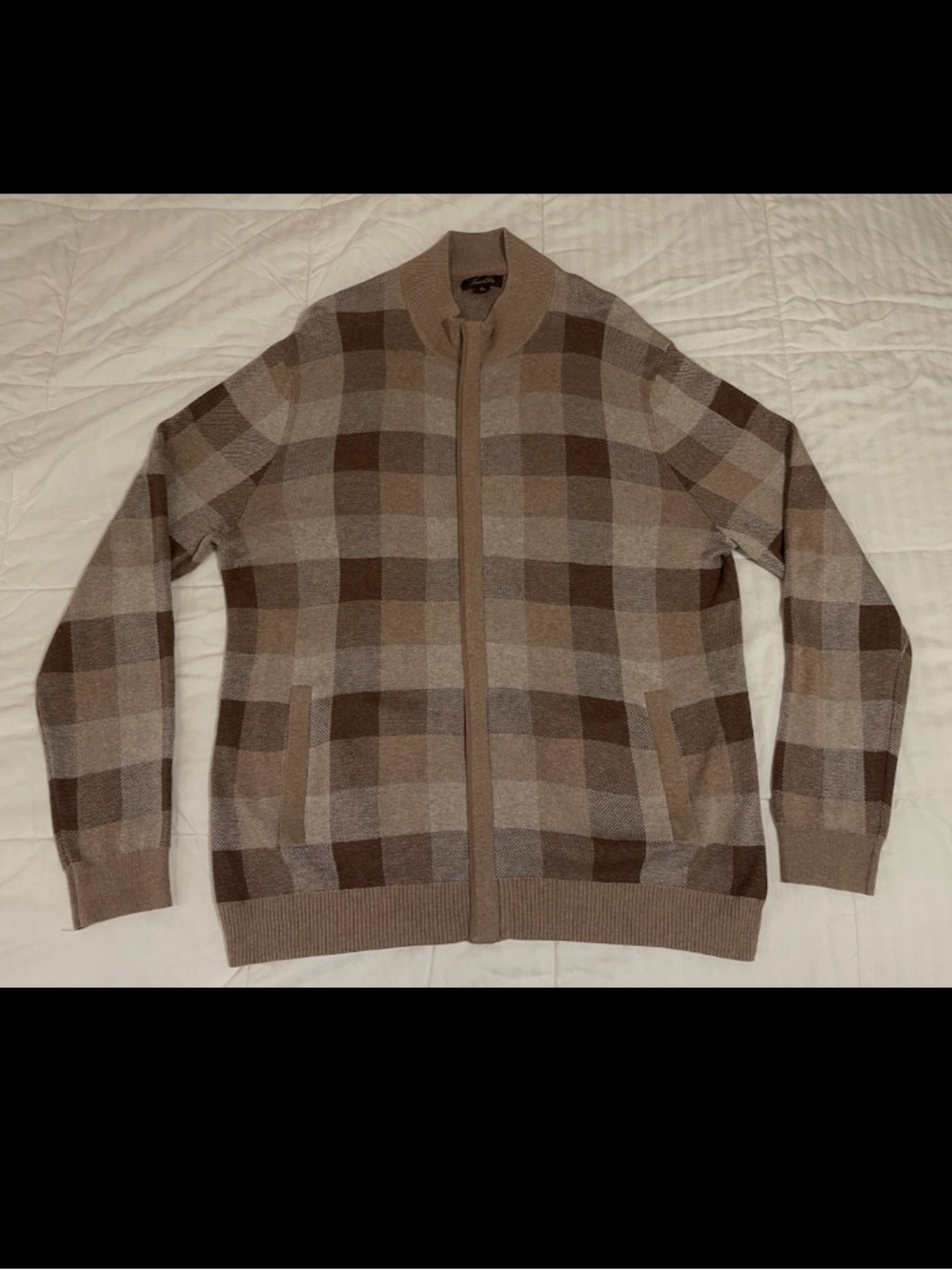 Tasso Elba Zip Up 100% Cotton Cardigan Brown Tan Gingham Plaid Men Size XL
